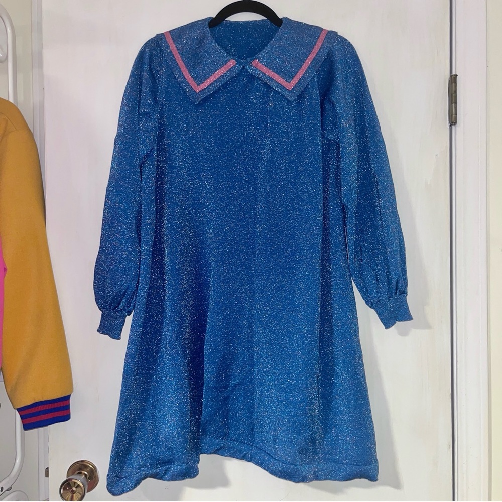 Cute blue sparkly sailor girl dress with pink collar